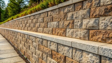 A retaining wall constructed of textured blocks, exhibiting a blend of earth tones, features a built-in ledge offering a resting place, adjacent to a paved walkway and verdant landscaping.