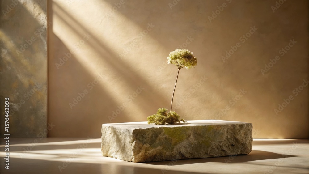 Poster serene still life dried flower arrangement on rough-hewn stone block illuminated by soft sunlight