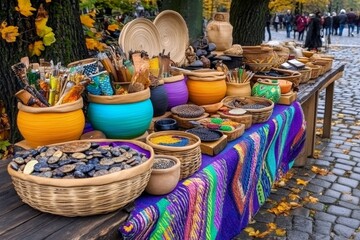 A lively KrakÃ³w street fair, with vendors selling traditional Polish crafts, jewelry, and folk art
