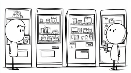 Stick Figure Treats from Automated Confectionery Kiosks in Black and White Comic Style of excellence.