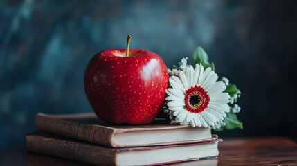 Red apple and flower on vintage books with dark background