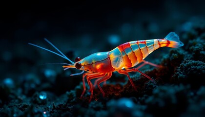 Vibrant aquatic crustacean with iridescent exoskeleton, showcasing intricate details in a dimly lit underwater environment