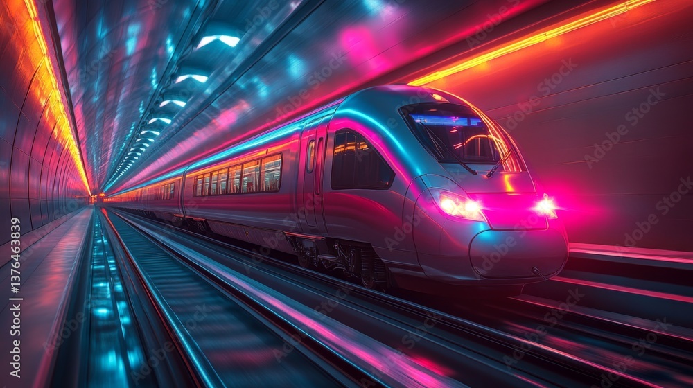 Poster A sleek autonomous train moves through a vibrant neon tunnel, highlighting the integration of advanced infrastructure and automation in modern transportation systems.