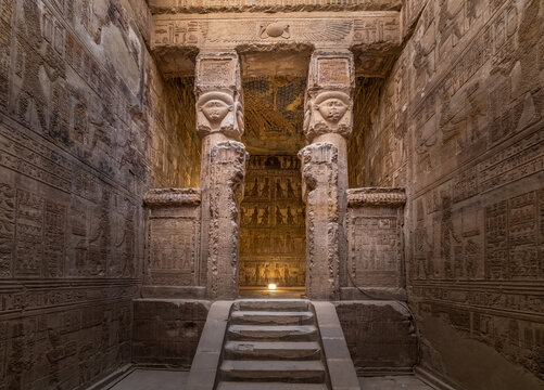 Interior of Hathor temple in Dendera, Qena, Egypt.