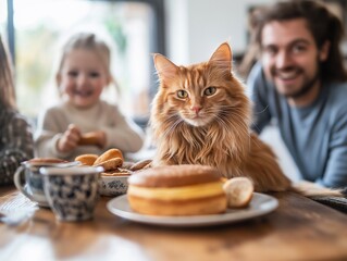 Cozy Morning Indulgence: Smiling Child Sharing Sweet Donuts with Furry Pet Cat at Family Breakfast Table