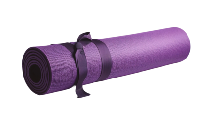 Deep purple rolled-up yoga mat securely tied perfect for home or studio practice wellness lifestyle