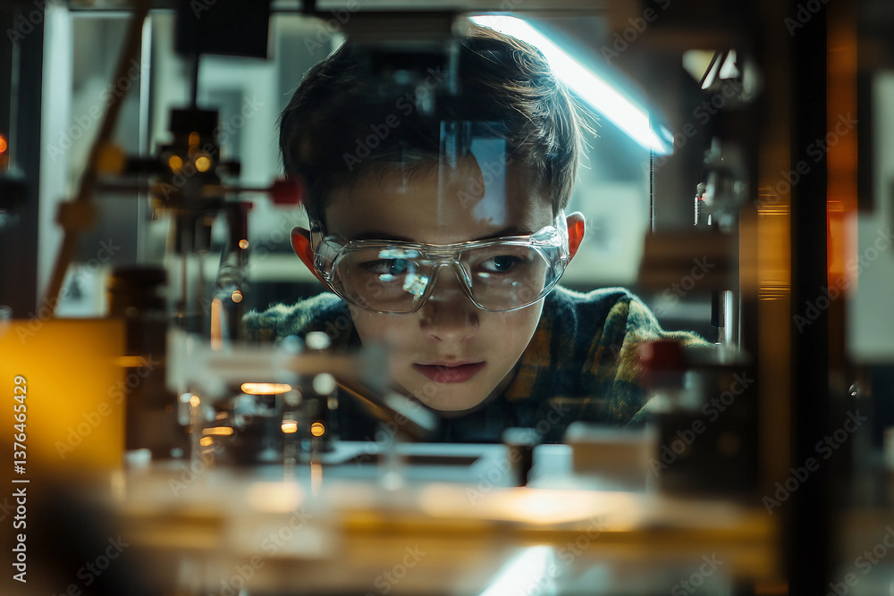 Poster curious young scientist examining laboratory glassware in a scientific experiment setting generative
