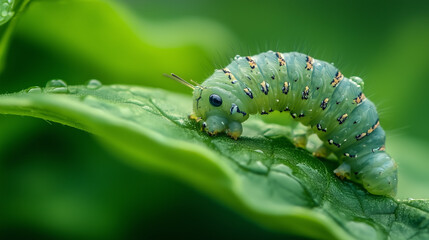 Green caterpillar crawling on leaf in natural macro close-up