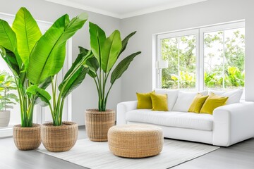 A modern living room with floor-to-ceiling windows, lush indoor plants, and a natural wood accent wall