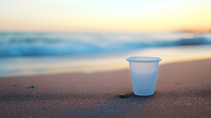 Lonely Single Plastic Cup on Sandy Beach - Environmental Pollution Concept
