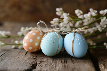 Obraz premium Easter Decorations with Blooming Willow Branches and Painted Eggs in Rustic Interior, Festive Paschal Arrangement, Generative AI