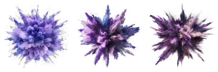 Purple color powder explosion's isolated on transparent background. PNG , Set of