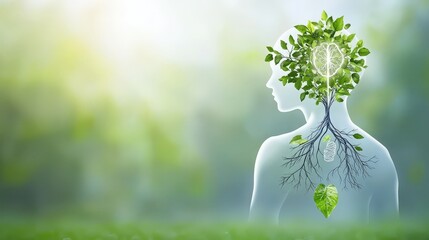 skill and growth concept. Human silhouette with tree and leaves design symbolizing growth.
