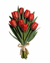 Red Tulips Bouquet Wrapped with Ribbon on White Background for Celebration