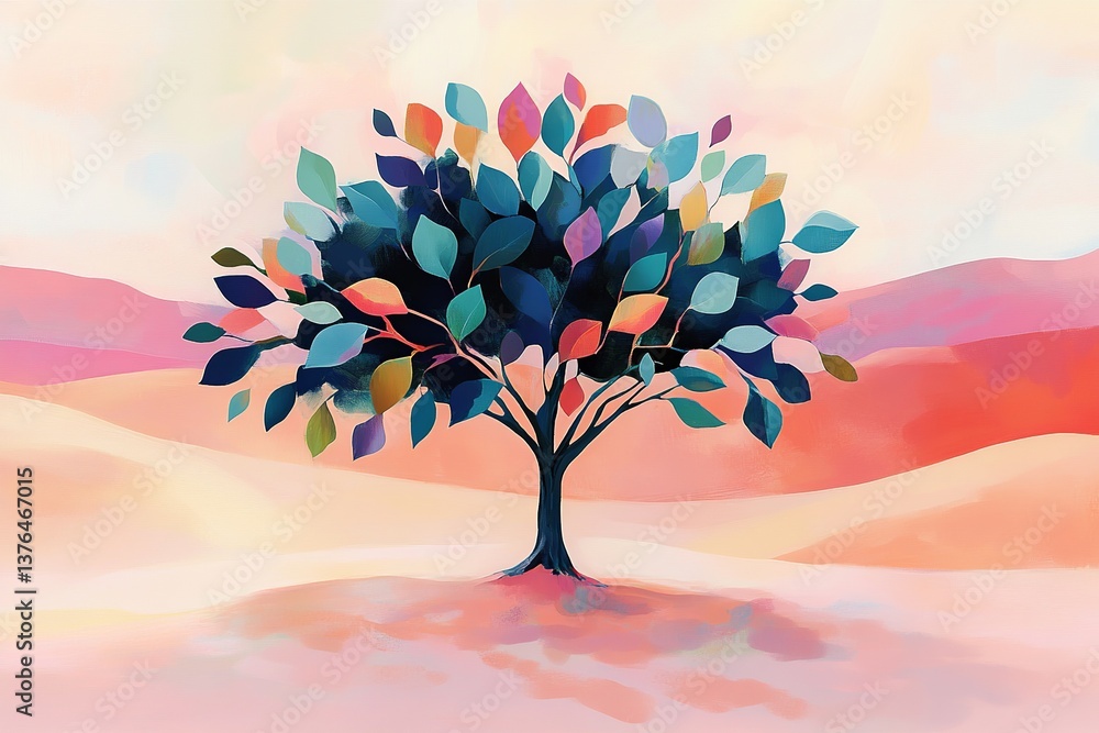 Aufkleber a symbolic tree of life standing alone in a vast desert, its roots deep and branches reaching for th