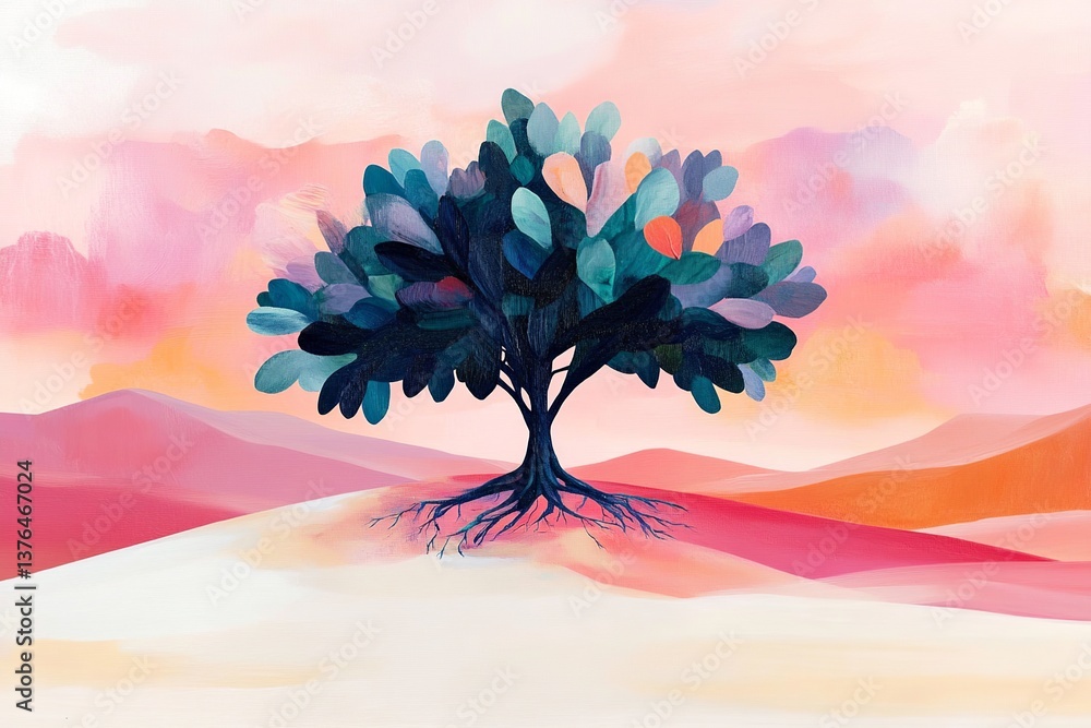 Aufkleber a symbolic tree of life standing alone in a vast desert, its roots deep and branches reaching for th