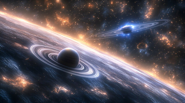 A breathtaking view of deep space filled with vibrant nebulae, distant galaxies, and twinkling stars. A colossal, ringed exoplanet dominates the foreground, partially illuminated by a nearby blue gian