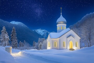 A night-time shot of Jasna G&Atilde;&sup3;ra Monastery, glowing under soft yellow lights against a dark blue sky