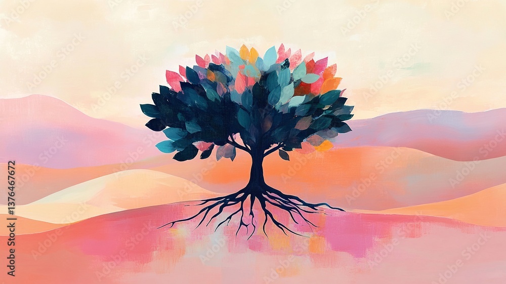 Poster a symbolic tree of life standing alone in a vast desert, its roots deep and branches reaching for th