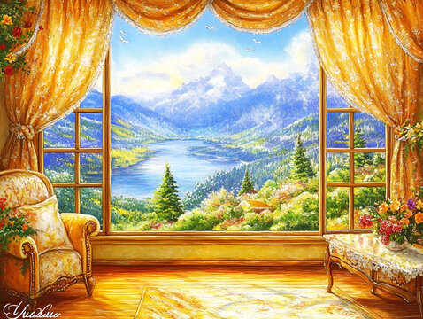 A beautiful indoor landscape illustration, 8k, ultra HD, realistic.

