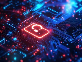 Digital Frontier: A close-up view of a vibrant circuit board with glowing lines and integrated circuits, highlighting the intersection of technology and innovation.