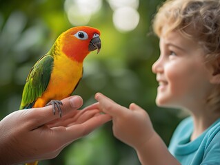 Captivating Child and Parrot Interaction: Exploring Nature's Vibrant Colors and Curiosity in a Joyful Outdoor Bonding Moment