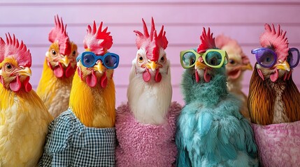 Creative concept of a group of chickens in funky, wild, mismatched colorful outfits. 