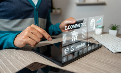 Businessman shopping online from his mobile device. E-commerce and online shopping concepts