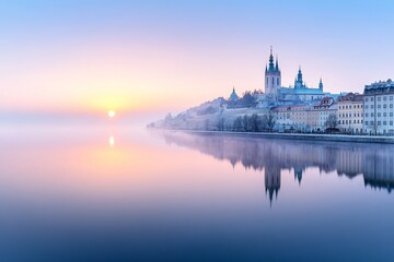 Fototapeta premium A peaceful sunrise over the Vistula River, with the silhouette of Wawel Castle reflecting in the water