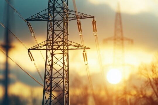 Power Grid Silhouette: Majestic electricity pylons reaching towards the sky during a golden sunset, representing the vast network that powers our world, showcasing the infrastructure.