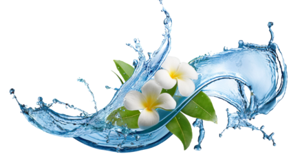 fresh splash of water with white flowers and green leaves, creating a sense of freshness, purity, and natural beauty for songkran day