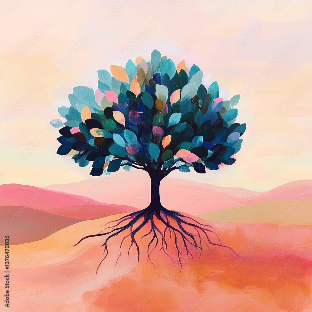Aufkleber a symbolic tree of life standing alone in a vast desert, its roots deep and branches reaching for th