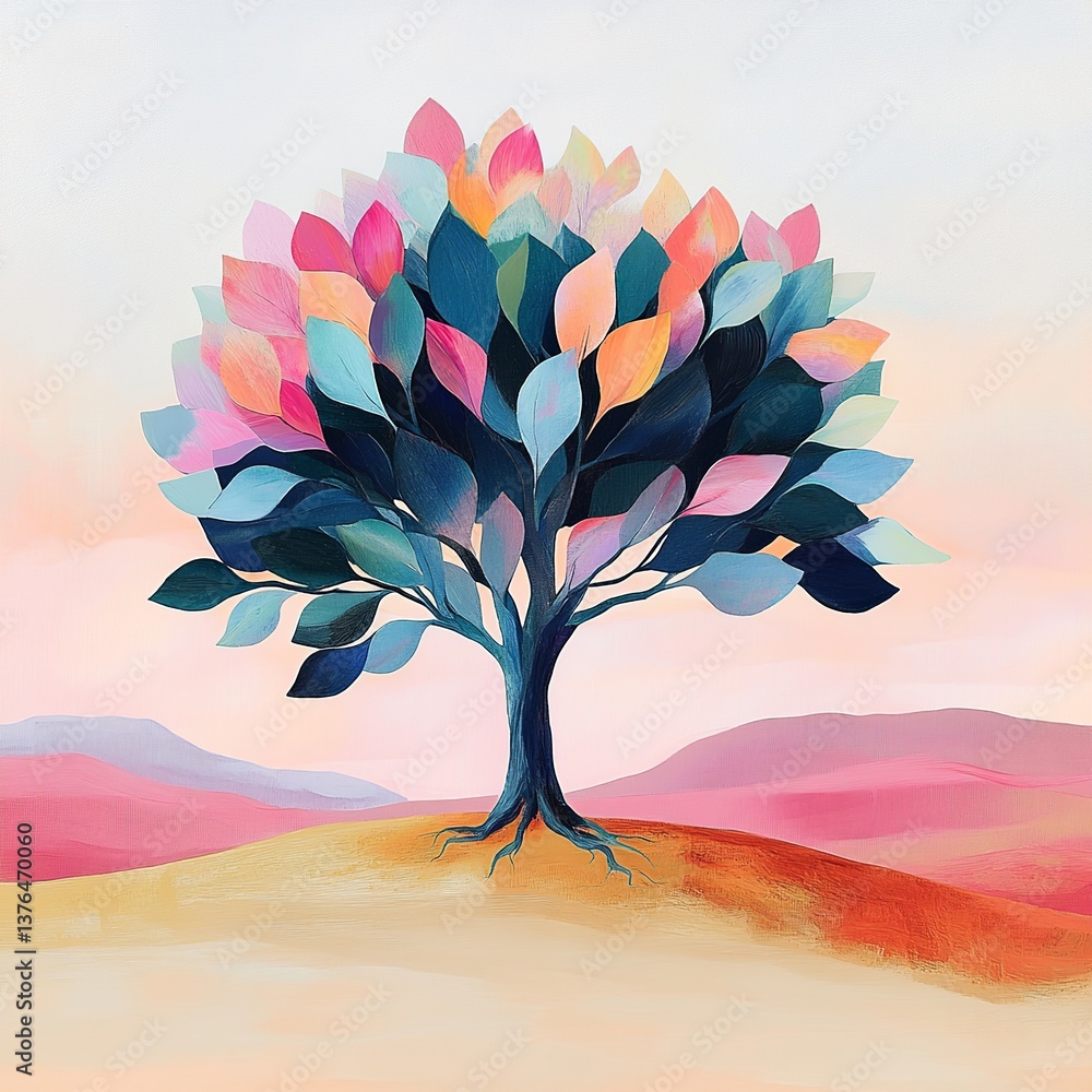 Poster  A symbolic Tree of Life standing alone in a vast desert, its roots deep and branches reaching for the sky, representing resilience and hope