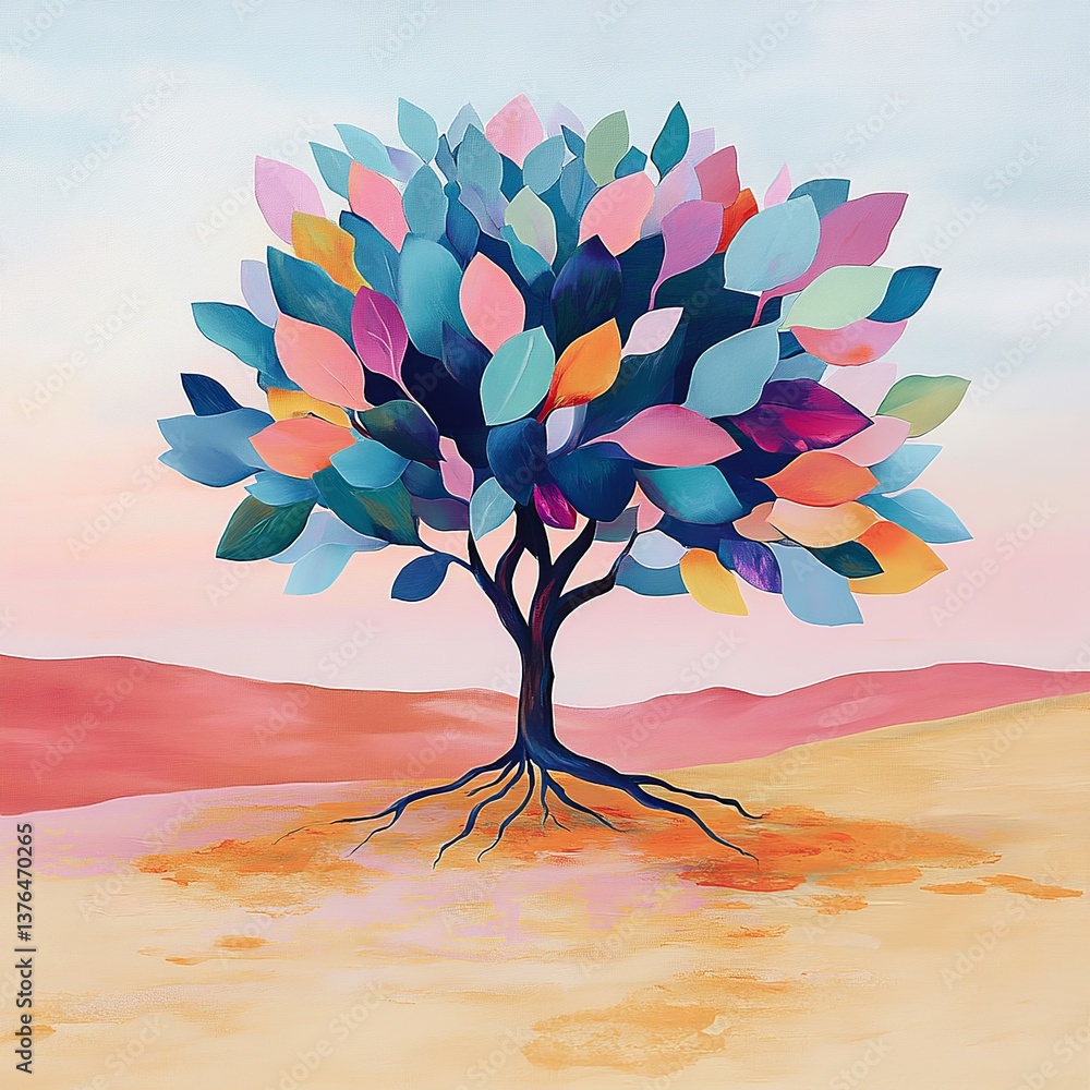 Aufkleber a symbolic tree of life standing alone in a vast desert, its roots deep and branches reaching for th