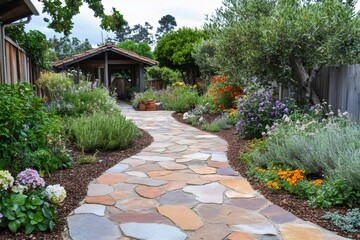 Winding flagstone path leading to covered patio in lush garden