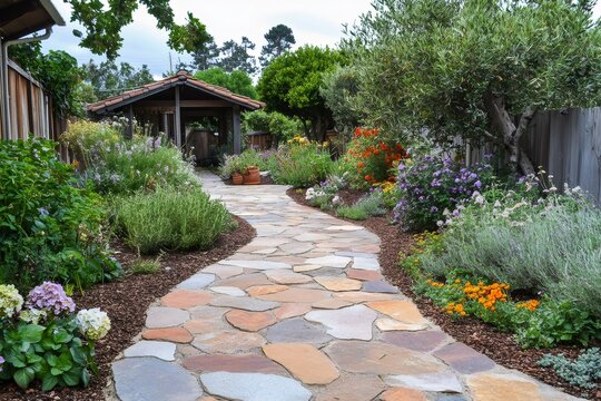 Winding flagstone path leading to covered patio in lush garden