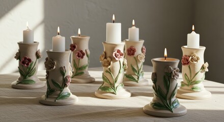 An artistic arrangement of several commemorative candles in elegant ceramic holders, each uniquely detailed with floral motifs
