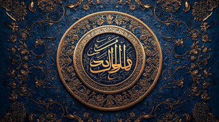 Fototapeta premium Golden calligraphy decoratively displayed against deep blue backdrop. Intricate floral designs enhance background