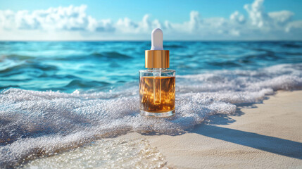 glass dropper bottle on sandy beach with ocean waves