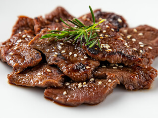 High-quality close-up of Bulgogi, showcasing its textures against a white background.