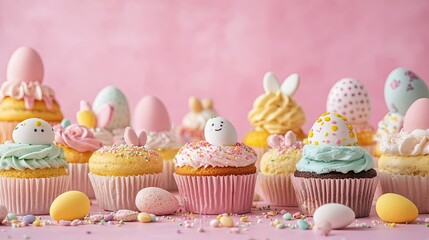 Easter-themed cakes and pastries against a pink backdrop with copy space for your design. 