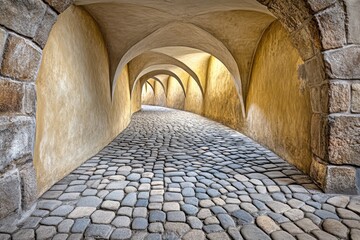 Fototapeta premium A serene morning at the Sukiennice (Cloth Hall), with early sunlight filtering through the historic arches