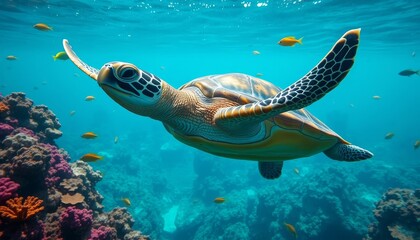 Obraz premium A Majestic Sea Turtle Gracefully Navigates Vibrant Coral Reefs, Surrounded by a School of Small Fish in a Crystal-Clear Ocean