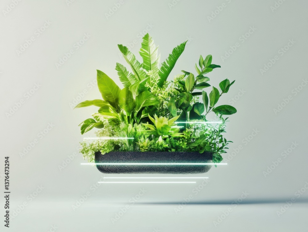 Poster biophilic tech fusion levitating green ecosystem representing sustainable innovation in digital desi