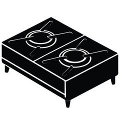 Modern Gas Stove Vector Illustration – Sleek Stainless Steel Body with Black Glass Top, Four Burners, Knob Controls, and Blue Flame Effect