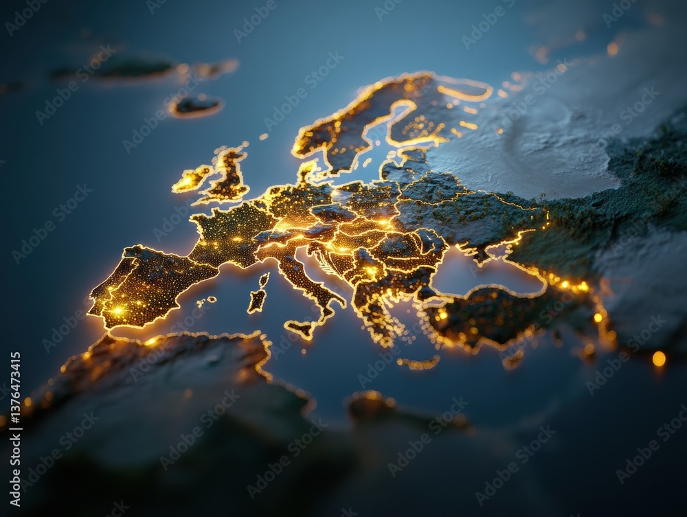 Fototapete Illuminated Global Connectivity European Network Mapping with Dynamic Golden Data Points - Strategic Business Intelligence for Digital Transformation and Market Insights