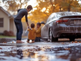 Joyful Family Bonding: Playful Children and Parents Washing the Car at Sunset in Autumn - Quality Time Outdoors