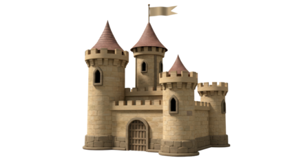 Isolated Stone Castle with Towers and Banners
