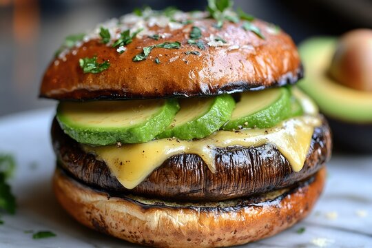 Portobello mushroom burger with melted cheese and avocado slices