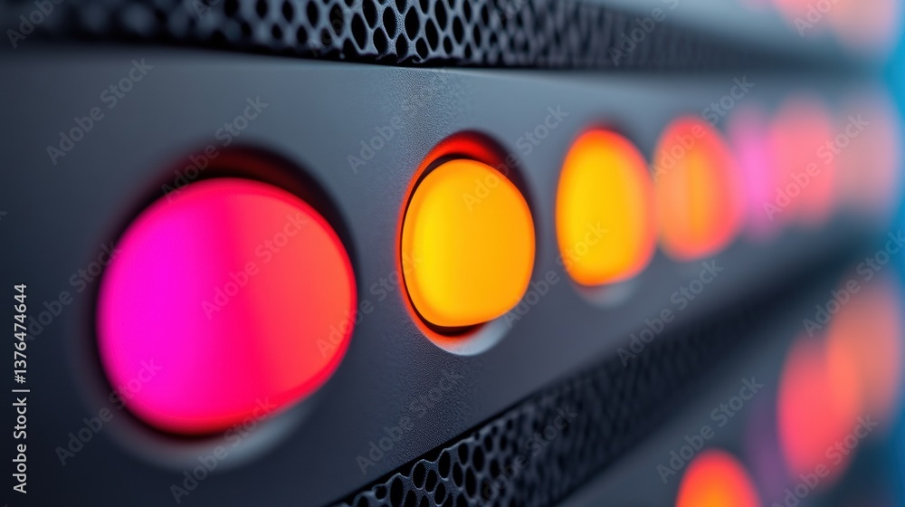 Poster Vibrant Digital Infrastructure Aesthetic Neon-Illuminated Server Panel Showcasing Cutting-Edge Cloud Computing Design with Prismatic Performance Indicators